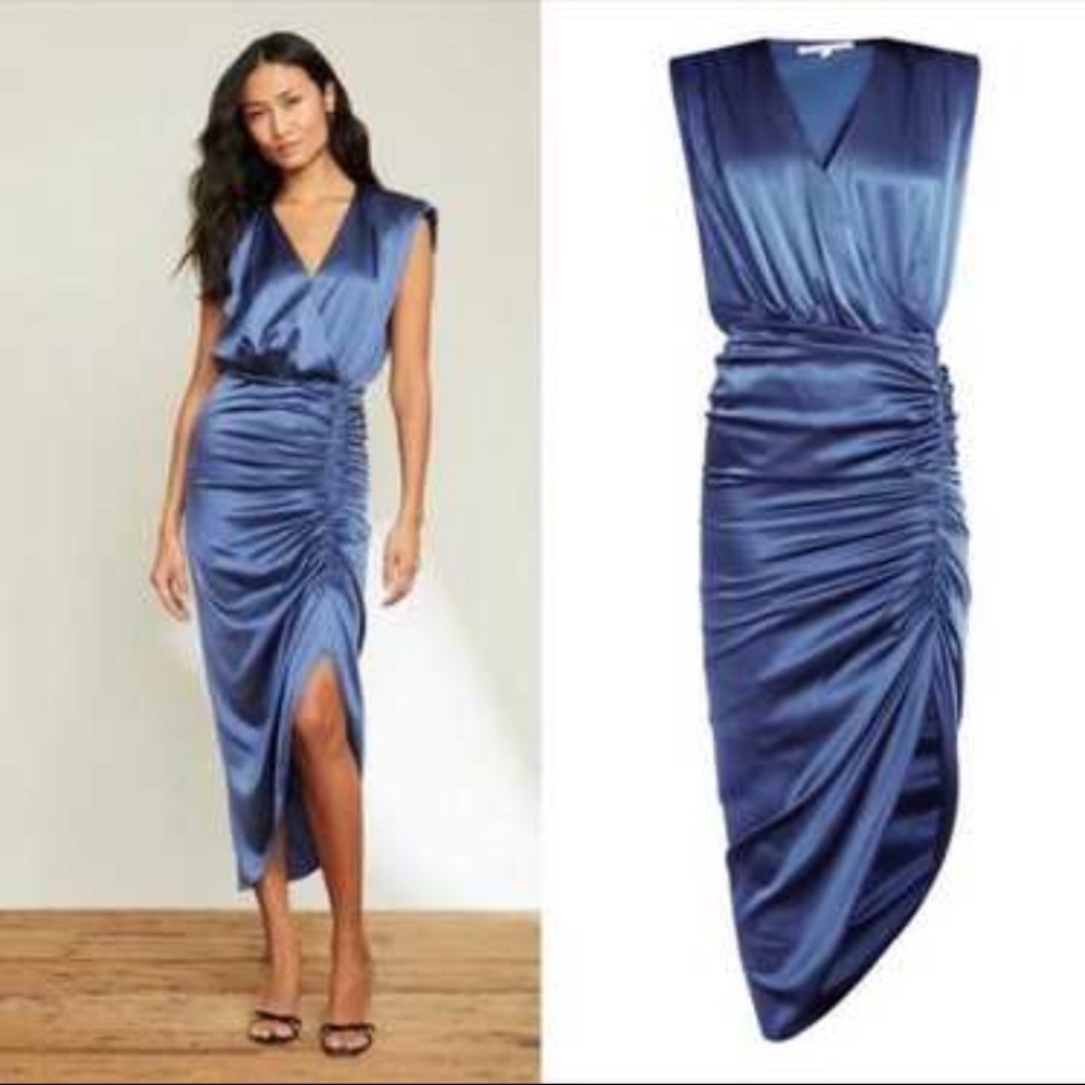 Veronica Beard Blue Satin Asymmetrical Ruched Dress Flawed - Picture 12 of 12